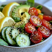 Fresh salad bowl with sliced avocado, cherry tomatoes, cucumber, lemon wedges and sesame seeds on ceramic plate, close up view of healthy vegetarian meal.
