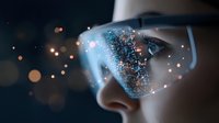Futuristic augmented reality glasses with digital particles and light effects reflecting on protective eyewear surface in dark environment.