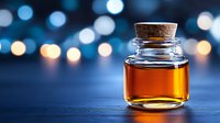 Small glass jar with amber liquid and cork stopper on dark surface against blurred bokeh lights background, creating magical atmosphere for wellness products.