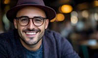 Young man with beard wearing glasses and fedora hat smiling warmly at camera. Casual portrait with natural bokeh background creates welcoming professional headshot.