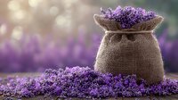 Fresh lavender flowers in rustic burlap sack with scattered blooms on wooden surface against blurred purple garden background, aromatic herbs for spa and wellness.