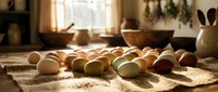 Fresh farm eggs scattered on rustic kitchen counter with warm sunlight streaming through window creating cozy cooking atmosphere for baking recipes.