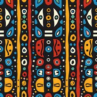 Vibrant tribal pattern with abstract faces and geometric shapes in red, yellow, blue on black background. Seamless repeat design for fabric and wallpaper projects.