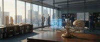 Modern law office with city skyline view, wooden desk, scales of justice, holographic display technology, professional legal workspace interior.