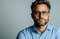 Confident mature Caucasian businessman wearing glasses and light blue shirt poses against gray background, displaying professional and approachable demeanor.
