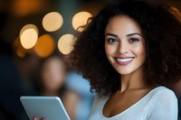 Young African American businesswoman with curly hair smiling while holding digital tablet, bokeh lights background. Professional workplace portrait for business concepts.