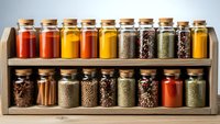 Wooden spice rack with glass jars filled with colorful herbs, spices, oils and seasonings for cooking and culinary preparation in kitchen.