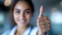 Young Asian female healthcare worker showing thumbs up gesture with confident smile against blurred hospital background, expressing positivity and approval.