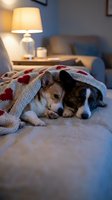 Two adorable puppies cuddling together under cozy knitted blanket on bed in warm living room with soft lamp lighting creating intimate home atmosphere.