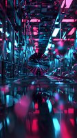 Futuristic corridor with floating sphere reflecting neon pink and blue lights, creating dynamic patterns and reflections on wet surface. Perfect for sci-fi designs.
