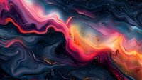 Vibrant fluid art with swirling pink, orange and navy waves creates cosmic abstract pattern with gold sparkles on dark background, modern marbled texture design.