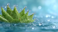 Water splash crown with floating droplets and green leaf creating dynamic motion effect against turquoise bokeh background. Fresh nature concept.
