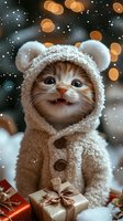 Adorable ginger kitten wearing cozy white teddy bear costume with ears amid falling snow and Christmas presents, bokeh lights creating magical holiday atmosphere.