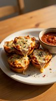 Cheesy baked pasta cups with melted mozzarella and herbs served on white plate with marinara sauce for dipping on rustic wooden table background.