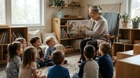 Senior woman reading storybook to diverse group of children sitting on floor in bright classroom or library with wooden furniture and plants.