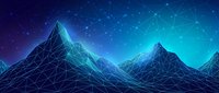 Digital mountain landscape with glowing wireframe peaks and starry sky background for technology and futuristic design projects.