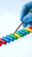 Gloved hand using tweezers to arrange colorful capsule pills in a row on white background, pharmaceutical research concept.