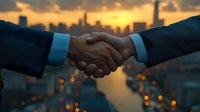 Business handshake silhouette against urban sunset skyline with golden light and bokeh reflections on water, symbolizing partnership and deal closing.