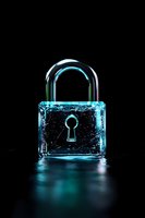 Glowing blue padlock with digital network pattern on black background, symbolizing cybersecurity and data protection in modern technology.