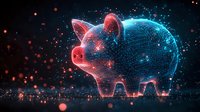 Digital piggy bank with glowing neon outline and circuit patterns on dark background with floating light particles for fintech and savings concepts.