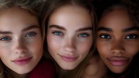 Three diverse young women with natural makeup showcasing different skin tones and ethnicities in close portrait for beauty and skincare campaigns.