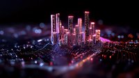 Futuristic glowing cityscape with neon pink and purple illuminated skyscrapers against dark background, creating miniature tilt-shift effect with bokeh lights.