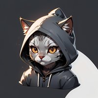 Gray cat wearing dark hoodie with amber eyes and serious expression on dark background, digital art style character portrait for gaming or social media avatar.