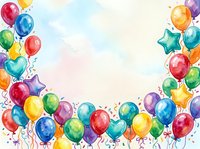 Colorful party balloons frame with ribbons and confetti on watercolor background for birthday celebrations and festive events.