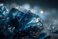 Close-up macro shot of sparkling blue crystal formations with dramatic lighting and bokeh effects creating mystical atmosphere for luxury design projects.