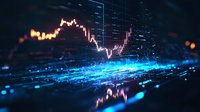 Financial market data visualization with glowing blue digital grid and candlestick chart showing price movement, reflected on glossy surface for business analytics.
