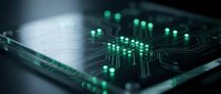 Circuit board with glowing green LED lights and electronic components, suitable for technology, computing, and digital innovation concepts.