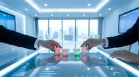 Business professionals connecting digital network nodes in modern office conference room with city skyline view representing teamwork and collaboration.
