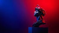 Classical male bust sculpture on black pedestal illuminated by dramatic red and blue lighting creating moody atmosphere and striking contrast in dark studio setting.