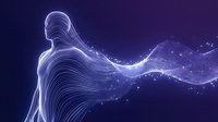 Glowing neon wireframe human figure with flowing digital particles and light trails on dark blue background, representing technology, data, artificial intelligence, and digital transformation concepts.