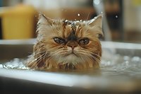 Grumpy Persian cat taking bath in sink with water droplets splashing around, close-up portrait showing wet fur and displeased expression against blurred background.