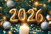 Golden 2026 balloon numbers on Christmas tree with silver ornaments, candle and festive lights creating warm holiday atmosphere.