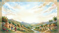 Tuscan countryside landscape with rolling hills, traditional stone villas, cypress trees, and palm trees under golden sunset sky. Suitable for travel, home decor, and lifestyle designs.