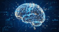 Digital brain with neural network connections and data visualization on blue technology background for artificial intelligence concepts.