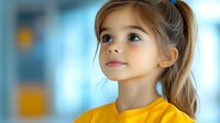 Young girl with ponytail wearing yellow t-shirt looking up with hopeful expression against blurred blue background, natural lighting creates soft dreamy atmosphere.