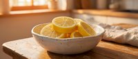 Fresh sliced lemons in a ceramic bowl on a rustic wooden table, bathed in warm sunlight in a cozy kitchen setting.