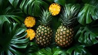 Fresh pineapples and sliced yellow fruit arranged with monstera leaves creating tropical composition on dark background with dramatic lighting.