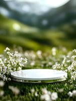 White round podium display surrounded by delicate wildflowers in fresh green grass meadow with soft bokeh mountain background, natural product placement setting.