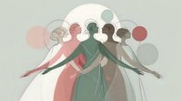 Diverse women silhouettes in pastel colors standing together with arms outstretched, representing unity, empowerment, and feminine solidarity against soft geometric background.