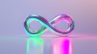Glowing infinity symbol with metallic ribbed texture illuminated by neon green and pink lights casting reflections on smooth surface against purple gradient background.