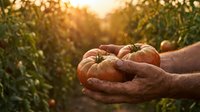 Farmer hands holding fresh ripe tomatoes at sunset in organic garden. Harvest time concept for healthy eating and sustainable agriculture practices.