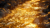 Shimmering golden texture with sparkling particles and rough surface creates luxurious abstract background with light reflections and bokeh effect.