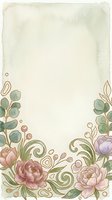 Vintage watercolor floral border with peonies, eucalyptus, and swirls on a cream background, offering copy space for wedding or greeting cards.