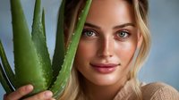 Young blonde woman with natural makeup holding aloe vera plant against blue background, showcasing skincare and wellness concept.