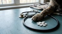 Cat paw resting on stethoscope with white pills arranged on medical scale, veterinary clinic setting with window background.