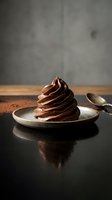 Rich chocolate soft serve ice cream swirl on ceramic plate with cocoa powder dusting on dark wooden table for dessert menu and culinary photography.